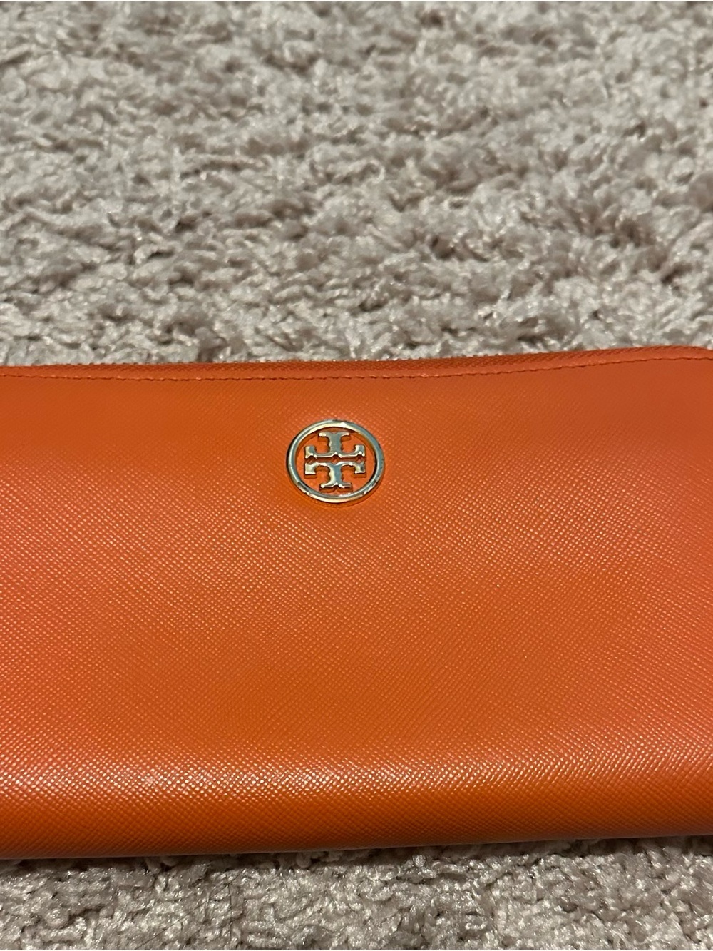 Tory Burch Bright Orange Saffiano Zip Wallet with Logo Medallion